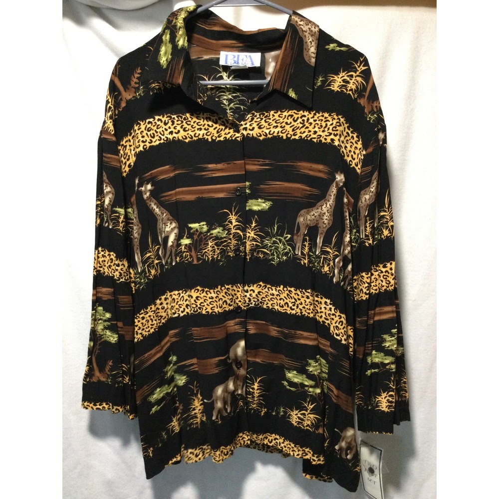 BFA Classics Women's‎ 2X Safari Animal Print Long Sleeve Button Up Shirt Top